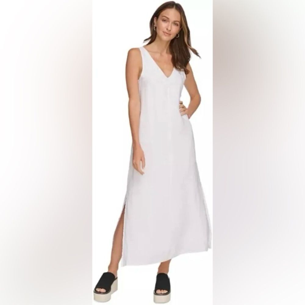 NWT DKNY linen maxi dress, white with slit and v neck, tank top XXL - Picture 3 of 7